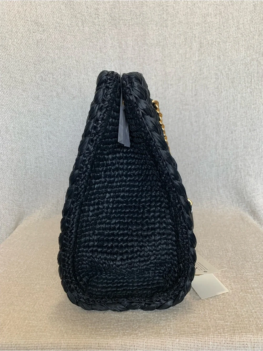 NEW Tory Burch Ella Melange Chain Strap Black Raffia Small Tote Bag